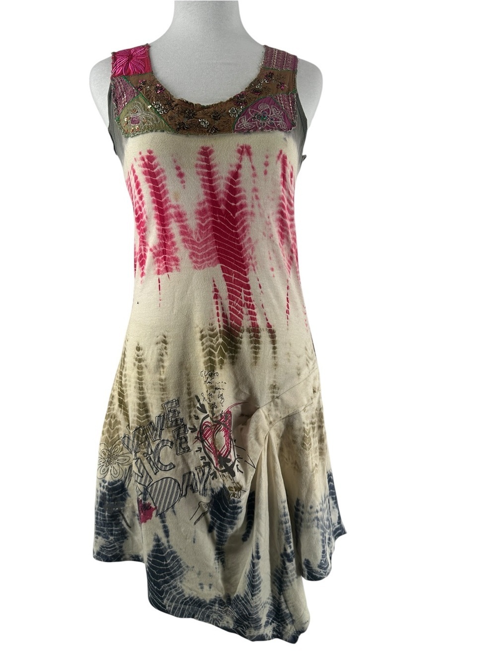 Desigual dress abstract sleeveless tie-dye  embroidered neckline bead art  sz M
